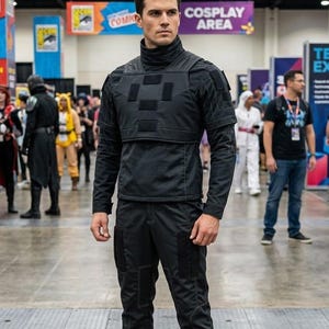 May include: A person in a black tactical outfit, including a long-sleeved shirt with a high collar and a chest plate, and matching trousers. The outfit is worn with black boots. The background shows a convention with other costumed people.