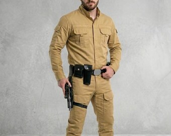 Star Wars Inspired By Rebel Officer Costume | Galactic Smuggler Cosplay | Tan Uniform Flight Suit with Holster Belt Rig