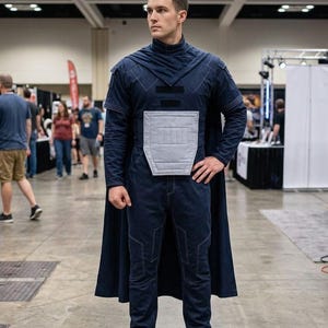 Puede incluir: Una persona con un disfraz de cosplay azul oscuro con capa. El disfraz incluye una parte superior de cuello alto, una pieza de pecho gris claro y pantalones a juego. La persona está en un centro de convenciones.