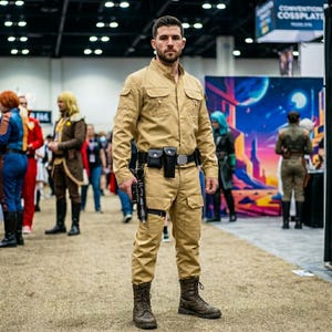 May include: A tan jumpsuit with multiple pockets, worn with a black belt and utility pouches. The outfit includes brown combat boots and a prop weapon. The person is standing in a convention setting, surrounded by other cosplayers.