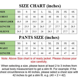 May include: A size chart for jackets and pants, with measurements in inches. The chart includes chest, shoulder, length, sleeve, waist, and pant length measurements, ranging from XS to 4X. Text advises to add 2-3 inches to body measurements for a slim fit.
