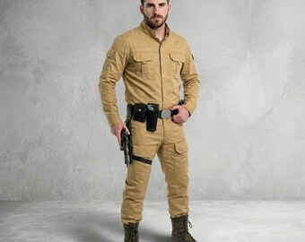 Star Wars Inspired By Rebel Officer Costume | Galactic Smuggler Cosplay | Tan Uniform Flight Suit with Holster Belt Rig