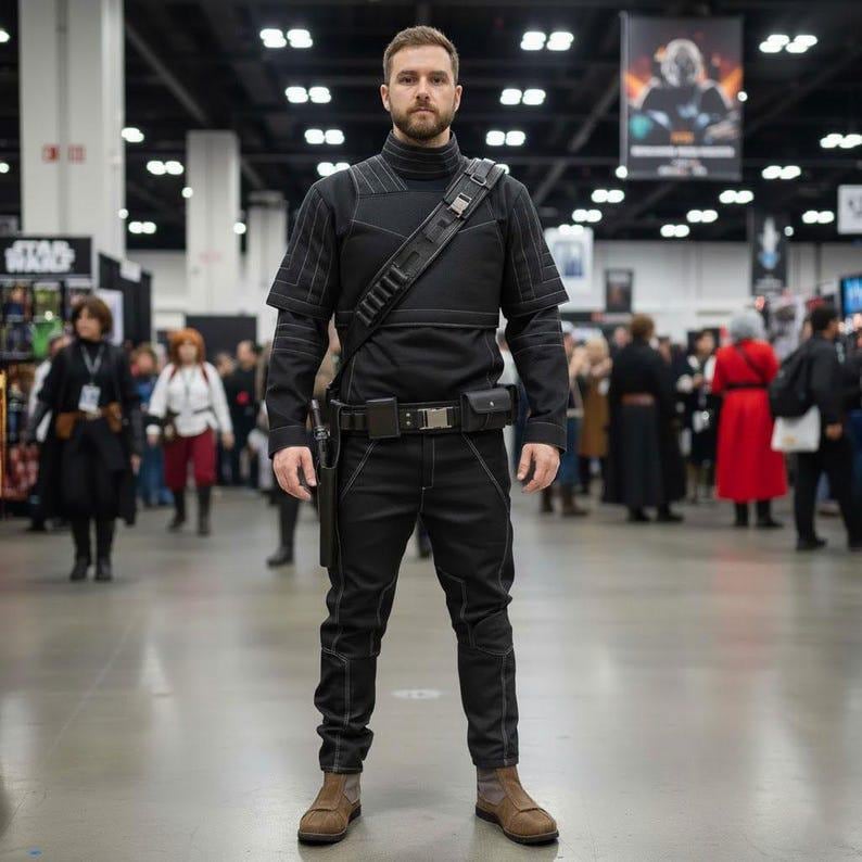 May include: A black costume with a high collar, shoulder strap, and utility belt. The outfit features white stitching and is paired with brown boots. The person is standing in a convention centre.
