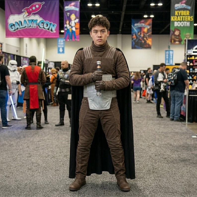 May include: A person in a brown costume with a black cape, holding a lightsaber. The costume includes a high-collared jacket, trousers, and gloves. The person is standing in a convention hall with banners that say "Galaxy-Con" and "Kyber Kratters Booth".