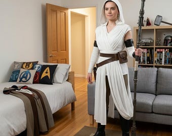 Costume de cosplay blanc inspiré de Rey Star Wars, marcheur L'Ascension du ciel, tenue Jedi de Rey pour femme.