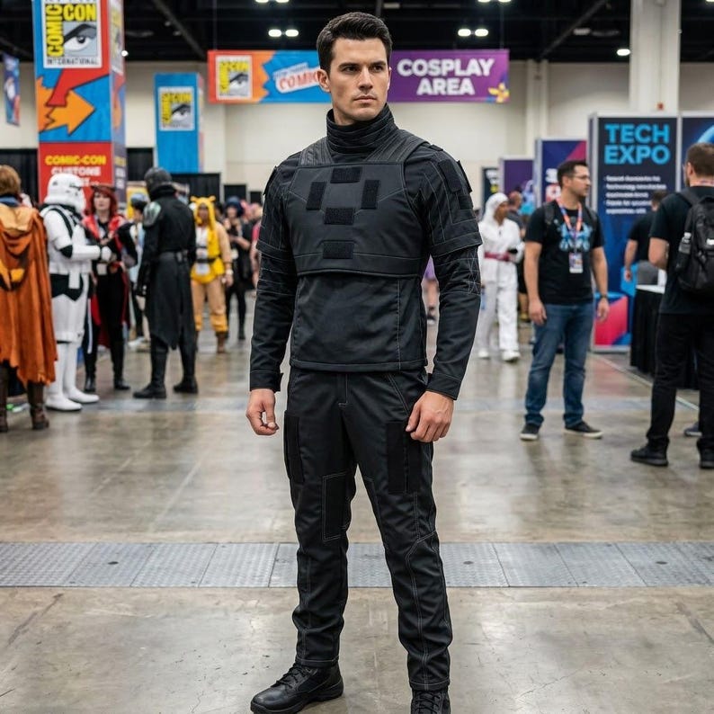 May include: A person in a black tactical outfit, including a long-sleeved shirt with a high collar and a chest plate, and matching trousers. The outfit is worn with black boots. The background shows a convention with other costumed people.