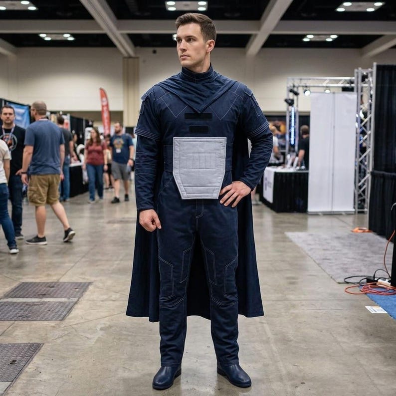 Puede incluir: Una persona con un disfraz de cosplay azul oscuro con capa. El disfraz incluye una parte superior de cuello alto, una pieza de pecho gris claro y pantalones a juego. La persona est&aacute; en un centro de convenciones.