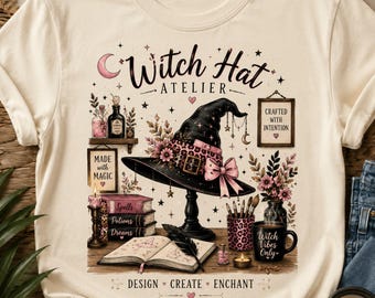 Witch Hat Atelier PNG, Modern Witchy Design, Leopard Print Hat (Digital Download)
