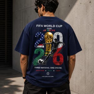 May include: A navy blue t-shirt featuring a FIFA World Cup 2026 graphic on the back. The design includes the text 'THREE NATIONS. ONE DREAM.', the FIFA trophy, a soccer player silhouette, and the flags of the United States, Mexico, and Canada.