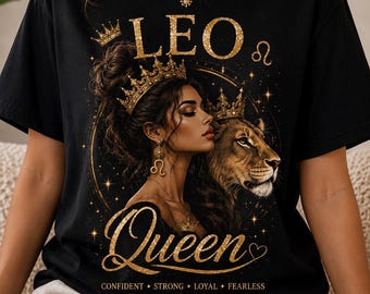 Leo Queen PNG, Black Leo Zodiac Lion Crown Glitter, Sublimation T-Shirt Design, Digital Download