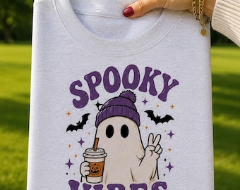 Spooky Vibes Ghost Coffee Halloween PNG, Peace Sign Clipart (Digital Download)