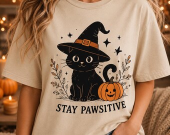 Stay Pawsitive Png, Black Cat Png, Witch Cat Png, Halloween Cat PNG, Halloween Sublimation PNG, Funny Cat PNG, Pumpkin Cat Pngs Designs