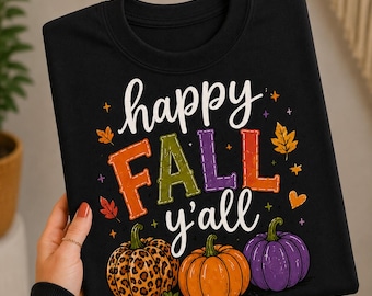 Happy Fall Y'all PNG, Leopard Pumpkin Trio, Autumn Leaves Design (Digital Download)
