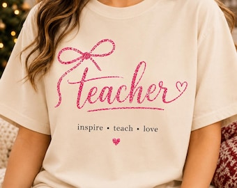 Teacher PNG, Glitter Bow, Inspire Teach Love Script (Digital Download)