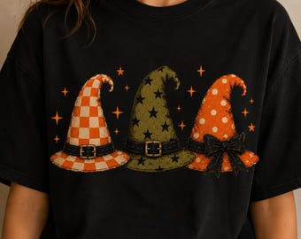 Retro Witch Hats Trio PNG, Checkered Stars Polka Dots (Digital Download)