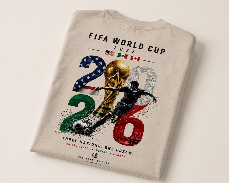 May include: A beige t-shirt featuring a FIFA World Cup 2026 graphic. The design includes the text, the flags of the United States, Mexico, and Canada, a gold trophy, a soccer player, a soccer ball, and the text Three Nations. One Dream.