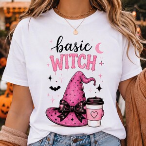 Basic Witch PNG, Pink Witch Hat Coffee Halloween Sublimation, Girly Spooky Season Digital Download