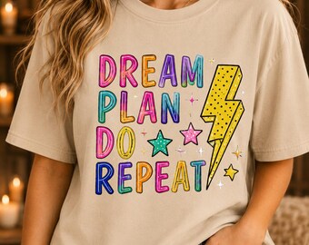Traumplan – Wiederholen (PNG), Motivations-PNG, Retro-Zitat-PNG, Buntes PNG, Blitz-PNG, Sublimations-PNG, Designs für positive Vibes