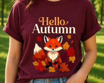 Hello Autumn Fox Shirt, Fall Leaves Graphic Tee (Digital Download)