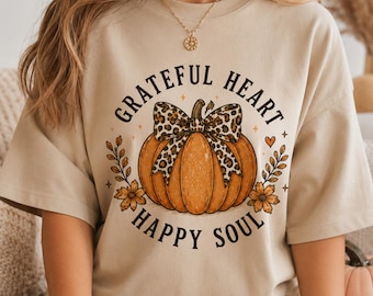 Grateful Heart Happy Soul Pumpkin PNG, Leopard Bow Autumn Sublimation (Digital Download)