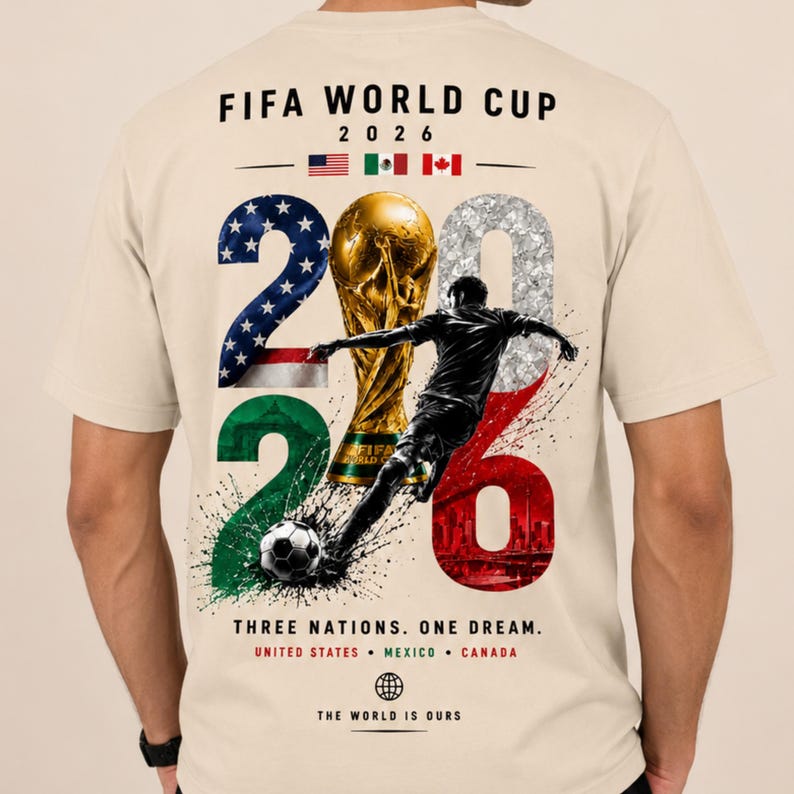 May include: A beige t-shirt featuring a FIFA World Cup 2026 graphic on the back. The design includes the flags of the USA, Mexico, and Canada, a gold trophy, a soccer player silhouette, a soccer ball, and the text Three Nations. One Dream.