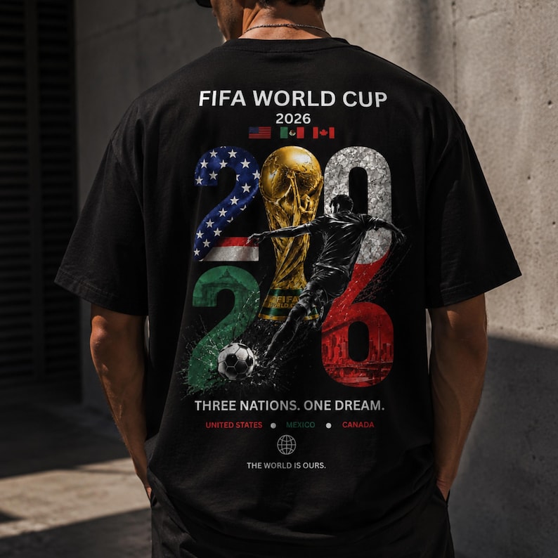 May include: A black t-shirt featuring a FIFA World Cup 2026 graphic on the back. The design includes the text FIFA WORLD CUP 2026, the trophy, a soccer player, a soccer ball, and the flags of the United States, Mexico, and Canada.