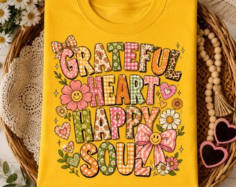 Dankbares Herz, glückliche Seele (PNG), Blumenschleife (PNG), Positives Zitat (PNG), Retro-Blumenmuster (PNG), Sublimations-PNG, Boho-Stil (PNG), Dankbares Herz (PNG-Kunst)