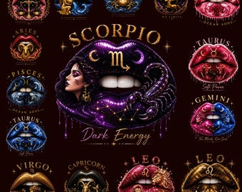 Zodiac Lips PNG Bundle, 12 Horoscope Signs, Glitter Astrology Sublimation (Digital Download)