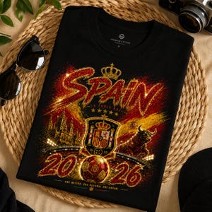 May include: A black t-shirt featuring a vibrant graphic design with the word SPAIN in large gold and red glittery letters, a crown, the Spanish coat of arms, a bull, a soccer ball, and the text 2026, One Nation, One Passion, One Dream.