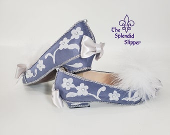 Ready to Ship - Hand-Decorated Rococo Shoes, Marie Antoinette, Wedding, Cosplay, Periwinkle Blue + White Lace, Low Heel, Flats - 6.5M 7M