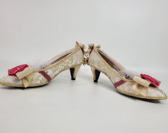 Ready to Ship - Hand-Decorated Shoes, Wedding, Rococo, Marie Antoinette, Cosplay Heels in gold damask and pink - Size 8M, 8.5M