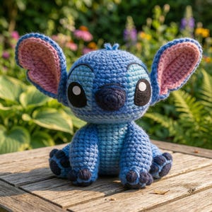May include: A handmade blue crochet plush toy with large ears, black eyes, and a dark blue nose. The ears have pink inner details. The toy is sitting on a wooden surface, with a blurred green and floral background.