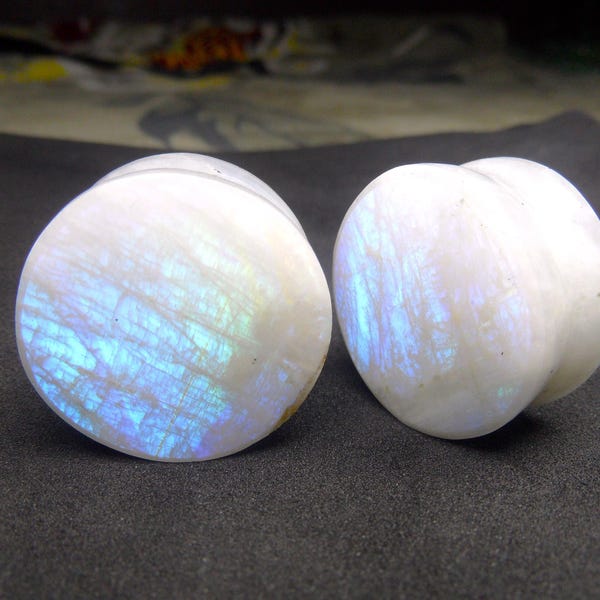 Natural Rainbow Moonstone Ear Plugs  Double Flare Stone Plug: Handmade Gauges (Pair)