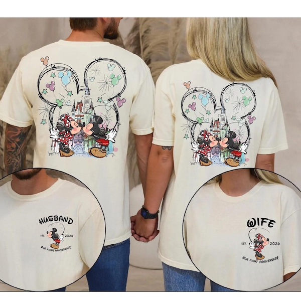 Personalized Disney Anniversary Shirt, Husband and Wife Disney Trip Tee, Disney Honeymoon Trip Gift, Mickey Minnie Our First Anniversary Tee