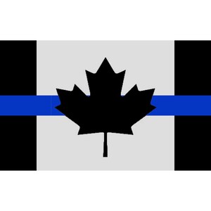 May include: A flag design featuring a black maple leaf on a gray background, with a blue horizontal stripe. The flag has black vertical bars on each side.