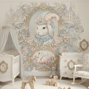 May include: A nursery room featuring a white cot, a white rocking chair, and two white chests of drawers with gold-framed floral accents. The walls are covered in wallpaper depicting rabbits in blue hats, swans, and castles in a soft pastel colour palette.