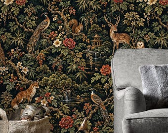 Dark Woodland Wallpaper Botanical Forest Mural Whimsical Animals Wall Paper Cottagecore Peel Stick Removable