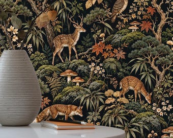Woodland Wallpaper Dark Forest Mural Whimsical Animals Wall Paper Cottagecore Peel Stick Removable