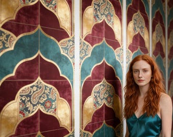 Moroccan Wallpaper Red Teal Gold Peel and Stick Arch Mural Oriental Pattern Luxury Wall Paper Removable