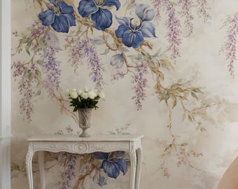 Blue Floral Wisteria Wallpaper: Removable Peel and Stick Botanical Chinoiserie Wall Mural