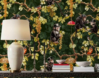 Monkey Wallpaper Green Jungle Mural Vintage Wall Paper Gold Peel Stick Animal Removable