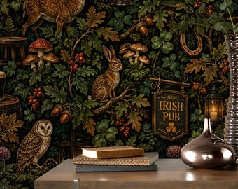 Irish Pub Wallpaper Dark Woodland Moody Mural Shamrock Deer Vintage Peel Stick Rustic Wall Paper