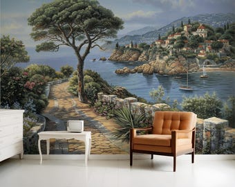 Coastal Peel Stick Wallpaper Landscape Mural Mediterranean Wall Paper Removable