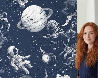 Space Astronaut Wallpaper Blue Peel and Stick Celestial Galaxy Mural Removable Starry Wall Paper