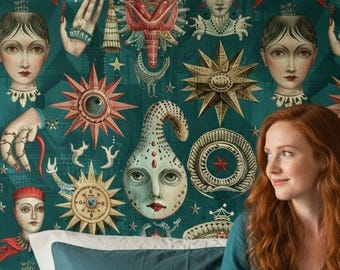 Surreal Gothic Wallpaper, Maximalist Celestial Wall Mural, Eclectic Vintage Art Wallpaper, Peel and Stick Removable
