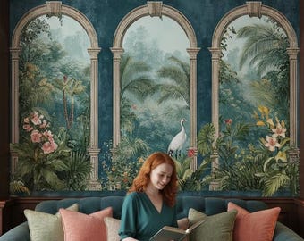 Papel pintado autoadhesivo tropical con arco azul, mural de la jungla, papel pintado de jardín botánico con grulla extraíble.