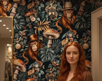 Mechanic Monkey Wallpaper Dark Jungle Wall Paper Maximalist Mural Peel Stick Removable