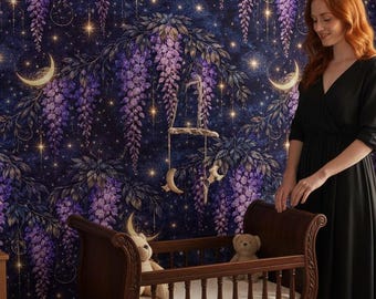 Celestial Wallpaper Purple Night Mural Moon Wisteria Wall Paper Starry Peel Stick Floral Removable