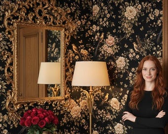 Donker bloemenbehang Vintage pioenroos muurschildering Botanisch behang Bird Peel Stick verwijderbaar