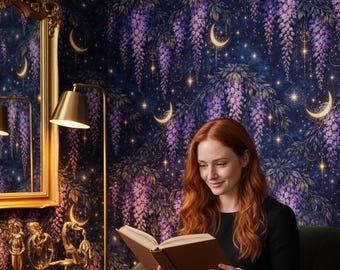 Papel pintado celestial, mural de noche púrpura, luna, glicinia, papel pintado estrellado, adhesivo floral removible